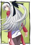  1girl ao_no_kiseki artist_name black_hairband black_pantyhose black_ribbon border closed_mouth coat commentary eiyuu_densetsu elie_macdowell english_commentary floating_hair from_behind green_background green_eyes hair_between_eyes hair_ribbon hairband half_updo highres long_hair long_sleeves looking_at_viewer looking_back multicolored_coat outside_border pantyhose ribbon signature simple_background smile solo spirit_rise two-tone_coat upper_body white_border white_coat white_hair wispy_bangs zero_no_kiseki 
