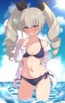  1girl absurdres ada_badguy anchovy_(girls_und_panzer) bikini black_bikini blue_sky breasts cloud commentary_request day drill_hair finger_to_mouth girls_und_panzer grey_hair highres horizon jacket long_hair looking_at_viewer multi-strapped_bikini_bottom open_clothes open_jacket outdoors parted_lips red_eyes side-tie_bikini_bottom sky small_breasts smile solo swimsuit twin_drills twintails wading white_jacket 