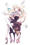  blonde_hair blue_eyes book breasts cleavage corset crossed_legs feathers h2so4 long_hair medium_breasts million_arthur_(series) open_clothes open_shirt paper shirt sitting skirt solo thighhighs white_legwear 