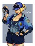  1girl ap_cammy baseball_cap blonde_hair blue_eyes blue_hat blue_jacket blue_shorts breasts character_name cleavage commentary_request cropped_jacket cuffs eyewear_on_head final_fight fingerless_gloves gloves hand_on_own_hip handcuffs hat highres holding holding_handcuffs jacket large_breasts lucia_morgan police police_uniform policewoman shorts solo street_fighter street_fighter_v striped_clothes striped_thighhighs thighhighs 
