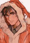  1boy black_hair closed_mouth collared_shirt commentary crow's_feet dubusul english_commentary expressionless grey_eyes hat highres larry_(pokemon) looking_at_viewer male_focus mature_male pokemon pokemon_scarlet_and_violet santa_costume santa_hat shirt signature solo white_background 