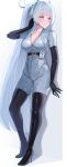  1girl absurdres alternate_costume black_bodysuit black_boots black_gloves blue_archive blush bodysuit boots breasts cleavage closed_mouth commentary_request elbow_gloves full_body gloves grey_bodysuit halo hand_up high_heel_boots high_heels highres large_breasts long_hair multicolored_bodysuit noa_(blue_archive) partially_unzipped ponytail purple_eyes shougun_(chuckni1) smile solo standing thigh_boots two-tone_bodysuit very_long_hair white_hair 