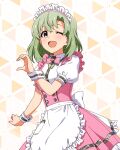  1girl :d ;d apron bow bowtie butterfly_necklace card_commentary commentary_request cowboy_shot dress game_asset green_hair grey_eyes half-heart_hands idolmaster idolmaster_(classic) idolmaster_million_live! idolmaster_million_live!_theater_days idolmaster_stella_stage jewelry looking_at_viewer maid_headdress medium_hair necklace official_alternate_costume official_art one_eye_closed open_mouth pink_bow pink_bowtie pink_dress pretty_waitress_(idolmaster) puffy_short_sleeves puffy_sleeves shiika_(idolmaster) short_sleeves smile solo standing third-party_source waist_apron white_apron wrist_cuffs 
