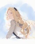  1girl absurdres animal_ears arknights black_hairband blonde_hair blue_eyes chinese_commentary commentary_request dog_ears dog_girl floppy_ears from_behind grey_shirt hairband highres joshua_(shisanli934) kristen_(arknights) long_hair long_sleeves looking_at_viewer looking_back shirt sketch solo 
