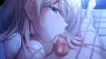 1boy 1girl bed_sheet blonde_hair blue_eyes blush breasts bunny's_mama_daikou_service censored choco_chip fellatio game_asset hair_between_eyes hetero indoors large_breasts licking licking_penis long_hair looking_at_viewer mosaic_censoring ninomiya_rinko oral penis pov saliva solo_focus tongue tongue_out 