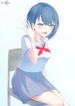  1girl :d absurdres arm_at_side bare_arms blue_background blue_eyes blue_hair blush bob_cut breasts chair commentary cowboy_shot gradient_background grey_skirt hair_behind_ear hand_up highres kiritani_haruka looking_at_viewer medium_breasts neckerchief oekkjan on_chair open_mouth pleated_skirt project_sekai red_neckerchief sailor_collar school_uniform serafuku shirt short_hair short_sleeves simple_background single_sidelock sitting skirt smile solo summer_uniform twitter_username waving white_background white_sailor_collar white_shirt 