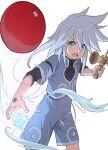  black_shirt blue_eyes blue_jacket blue_shoes blue_shorts casting_spell commentary_request cropped_jacket genis_sage hydrokinesis jacket kendama lifedezangi long_bangs looking_at_viewer open_mouth serious shirt shoes shorts sidelocks tales_of_(series) tales_of_symphonia teeth undershirt water white_background white_hair 