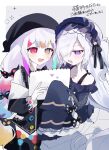  2girls bare_shoulders beret black_hat black_jacket black_ribbon blue_dress blue_hairband border bow collared_shirt colored_tips commentary_request commission crescent crescent_necklace dress dress_bow frilled_dress frilled_hairband frilled_sleeves frills gothic_lolita hair_bow hair_over_one_eye hair_ribbon hairband harumaking hat heterochromia highres holding holding_sketchbook jacket jacket_partially_removed jewelry jogasaki_noah lolita_fashion lolita_hairband long_hair long_sleeves mahou_shoujo_no_majo_saiban multi-tied_hair multicolored_hair multiple_girls natsume_an-an necklace off-shoulder_dress off_shoulder open_mouth polka_dot polka_dot_bow purple_eyes red_eyes ribbon shirt simple_background skeb_commission sketchbook sleeve_bow sleeves_past_fingers sleeves_past_wrists smile streaked_hair translation_request upper_body white_background white_border white_hair white_shirt wide_sleeves yellow_eyes 