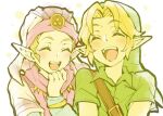  1boy 1girl belt belt_buckle blonde_hair blush brown_belt buckle closed_eyes commentary dress green_hat green_tunic hand_up happy hat highres laughing link long_hair long_sleeves open_mouth parted_bangs pink_dress pink_scarf pointy_ears princess_zelda scarf short_hair simple_background star_yoshi teeth the_legend_of_zelda the_legend_of_zelda:_ocarina_of_time triforce tunic turban upper_body upper_teeth_only veil white_background white_turban white_veil young_link young_zelda 
