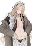  1girl absurdres animal_ears apron arknights black_jacket blue_eyes breasts brown_coat brown_hair chinese_commentary closed_mouth coat collarbone commentary_request dog_ears dog_girl droopy_ears earrings grey_panties highres jacket jewelry joshua_(shisanli934) kristen_(arknights) linea_alba lipstick long_hair long_sleeves maid_apron maid_headdress makeup medium_breasts navel open_clothes open_coat open_jacket panties red_lips simple_background solo standing underwear white_background 
