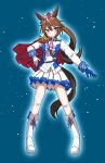  1girl absurdres animal_ears ascot asymmetrical_gloves blue_eyes blue_gloves boots breasts brown_hair buttons cape commentary_request double-breasted ear_ribbon epaulettes gloves hair_between_eyes high_ponytail highres horse_ears horse_girl horse_tail jacket long_hair long_sleeves mismatched_gloves multicolored_hair multicolored_jacket pink_ascot ponytail red_cape single_epaulette single_hair_streak skirt small_breasts solo streaked_hair tail tofu_thunder tokai_teio_(peak_joy)_(umamusume) tokai_teio_(umamusume) two-tone_hair two-tone_jacket two-tone_skirt umamusume white_boots white_gloves white_hair white_jacket white_skirt white_streaks 