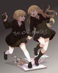  1boy 1girl beretta_92 black_coat blonde_hair blue_eyes boots brother_and_sister closed_eyes coat commentary_request explosive full_body grenade gun handgun highres holding holding_grenade holding_gun holding_hands holding_weapon long_hair looking_at_another open_mouth satomura_kyou short_hair siblings smile the_outfoxies twins weapon 