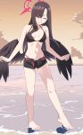  1girl ^_^ absurdres bare_arms bare_shoulders barefoot belt belt_buckle bikini bikini_under_clothes black_bikini black_hair black_shorts black_wings blue_archive breasts brown_skirt buckle closed_eyes cloud commentary_request feathered_wings grin halo highres horizon ichika_(blue_archive) ichika_(swimsuit)_(blue_archive) long_hair low_wings medium_breasts ocean open_clothes open_fly open_shorts outdoors red_belt ryoji_minato shorts skirt smile solo sunset swimsuit very_long_hair wings 