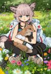  1girl absurdres ahoge animal animal_ears arknights artist_name black_choker black_pantyhose blue_shirt blush bracelet brown_hair brown_shoes choker commentary_request dated dcy11011 field flower fox fox_ears fox_girl fox_tail full_body gloves grass highres holding holding_animal indian_style infection_monitor_(arknights) jacket jacket_on_shoulders jewelry looking_at_viewer material_growth open_mouth oripathy_lesion_(arknights) outdoors pantyhose shirt shoes short_hair sitting sleeveless sleeveless_shirt sneakers solo straight-on sussurro_(arknights) tail white_gloves white_jacket 
