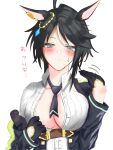  1girl ahoge animal_ears black_gloves black_hair black_jacket black_necktie blue_eyes blush breasts buttons center_frills closed_mouth collared_shirt commentary_request denim ear_ornament earclip fanning_self frilled_shirt frills fuji_kiseki_(shooting_star_revue)_(umamusume) fuji_kiseki_(umamusume) gloves half_gloves highres horse_ears hot jacket jeans large_breasts long_sleeves looking_at_viewer medium_hair multicolored_hair necktie no_bra oekaki_or open_clothes open_jacket open_shirt pants shirt short_necktie simple_background single_hair_streak solo straight-on streaked_hair sweat swept_bangs two-tone_hair umamusume unaligned_breasts underbust upper_body white_hair white_shirt white_streaks wing_collar 