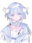  1girl :c blue_eyes blue_hair blue_jacket blue_sailor_collar blush bow bowtie chromatic_aberration closed_mouth dot_nose hair_between_eyes highres irodori_warabi jacket open_clothes open_jacket original pink_bow pink_bowtie sailor_collar sidelocks simple_background solo two_side_up upper_body white_background 