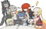  ! 4boys 4girls :o animal_ears ascot basilio_(metaphor:_refantazio) black_hair black_hairband blonde_hair blue_eyes blue_hair brown_gloves closed_mouth commentary creature dark-skinned_female dark-skinned_male dark_skin dog_ears dog_tail eupha_(metaphor:_refantazio) fairy gallica_(metaphor:_refantazio) gloves grey_horns hairband handheld_game_console heismay_(metaphor:_refantazio) heterochromia holding holding_handheld_game_console horns hulkenberg_(metaphor:_refantazio) junah_(metaphor:_refantazio) long_hair metaphor:_refantazio mini_person minigirl multiple_boys multiple_girls nintendo_switch_2 open_mouth orange_thighhighs protagonist_(metaphor:_refantazio) purple_eyes red_hair scar scar_across_eye scar_on_face sharp_teeth short_hair simple_background sitting size_difference smile strohl_(metaphor:_refantazio) table tail teeth thighhighs third_eye umainaotofu untranslatable_commentary white_ascot white_background white_gloves white_hairband yellow_eyes 