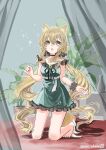  1girl :o alternate_costume animal_ear_fluff animal_ears arknights bare_arms barefoot blonde_hair blush brooch commentary_request dog_ears dog_girl dog_tail dress fern frilled_dress frilled_hair_tie frills green_dress green_eyes hair_between_eyes hair_tie highres jewelry long_hair looking_at_viewer mei_aksss plant podenco_(arknights) podenco_(wake_up_from_a_nap)_(arknights) potted_plant rug scrunchie shadow sleeveless sleeveless_dress solo star_(symbol) tail twitter_username vase very_long_hair 
