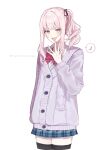  1other :d akiyama_mizuki arm_at_side black_thighhighs blue_skirt blush bow bowtie buttons cable_knit cardigan collared_shirt commentary_request cowboy_shot crossed_legs diagonal-striped_bow diagonal-striped_bowtie diagonal-striped_clothes dot_nose eighth_note hair_ribbon hand_up highres kamiyama_high_school_uniform_(project_sekai) long_hair long_sidelocks long_sleeves looking_at_viewer miniskirt musical_note open_mouth other_focus pink_bow pink_bowtie pink_eyes pink_hair plaid_clothes plaid_skirt pleated_skirt project_sekai purple_cardigan ribbon school_uniform shirt side_ponytail sidelocks simple_background skirt smile solo spoken_musical_note striped_bow striped_bowtie striped_clothes striped_ribbon thighhighs tsukemononingen twitter_username white_background white_shirt zettai_ryouiki 