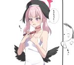  1boy 1girl ^^^ bare_arms bare_shoulders beret black_hat black_wings blue_archive camisole closed_eyes closed_mouth collarbone commentary_request doodle_sensei_(blue_archive) drawing_(action) drawing_on_self feathered_wings halo hat head_wings highres holding holding_marker koharu_(blue_archive) marker meme neta open_mouth peeking_out pink_hair purple_eyes ryoji_minato sensei_(blue_archive) solo_focus translation_request twintails white_background white_camisole wings 