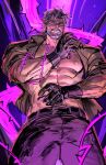  1boy abs arms_up bara beard belt belt_buckle black_belt black_gloves black_pants brown_shirt buckle closed_mouth collared_shirt commentary_request cowboy_shot dopey_(dopq) facial_hair gloves grey_hair hermit_purple highres jojo_no_kimyou_na_bouken joseph_joestar joseph_joestar_(old) korean_commentary looking_at_viewer male_focus mature_male muscular muscular_male nipples open_clothes open_shirt pants pectorals plant shirt sleeves_rolled_up solo stand_(jojo) standing stardust_crusaders thorns vines 