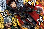  2boys amuro_ray axe black_getter black_guncannon_(fujitaka_nasu) brown_hair char_aznable commentary_request crazy_eyes domino_mask eye_mask fujitaka_nasu furigana getter_robo getter_robo_armageddon grin guncannon gundam helmet high_collar highres holding holding_axe ishikawa_ken_(style) mask mecha mobile_suit_gundam multiple_boys nervous_sweating nonstandard_furigana purple_eyes ringed_eyes robot short_hair shouting smile speech_bubble sweat translated 