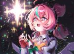  +_+ 1girl absurdres aqua_streaks aria_(human)_(zenless_zone_zero) aria_(zenless_zone_zero) black_background blue_eyes blush bow commentary_request dress fingerless_gloves gloves hands_up highres looking_at_object multicolored_hair open_mouth pink_gloves pink_hair smile solo star_(symbol) streaked_hair ukag_zzz white_dress white_wings wings zenless_zone_zero 