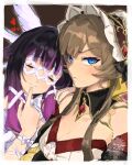  2girls black_hair blue_eyes border brown_hair closed_eyes columbina_(genshin_impact) commentary danganronpa_(series) english_commentary eye_mask genshin_impact gradient_hair headdress heart highres komaeda_nagito mask multicolored_hair multiple_girls purple_hair rudi_(ruwudi11037) sandrone_(genshin_impact) white_border white_mask white_wings wings 