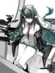  1girl arknights bare_shoulders bead_bracelet beads black_boots black_hair black_jacket boots bracelet cleavage_cutout clothing_cutout commentary_request contrast_collar dragon_girl dragon_horns dragon_tail dress dusk_(arknights) earrings gomago_magoma green_hands green_horns hair_over_one_eye highres holding holding_brush horns jacket jacket_partially_removed jewelry knees_together_feet_apart long_hair looking_at_viewer necktie partially_colored pointy_ears red_necktie short_dress sidelocks sitting sketch sleeveless sleeveless_dress solo tail tassel tassel_earrings thighs very_long_hair white_dress 