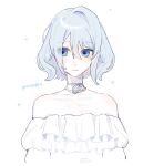  1girl alternate_costume alternate_hair_length_(shorter) blue_eyes blue_hair choker closed_mouth collarbone cosplay dress english_text frilled_dress frills highres jewelry light_blush looking_to_the_side merixie momoi_airi momoi_airi_(cosplay) necklace off-shoulder_dress off_shoulder official_alternate_hairstyle pearl_necklace project_sekai ribbon ribbon_choker saihate_e_to_tobu_kimi_e_(project_sekai) short_hair simple_background smile solo soshite_hari_wa_ugokidasu_(project_sekai) sparkle white_background white_choker white_dress white_ribbon white_theme yoisaki_kanade 