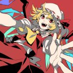  1girl ascot back_bow blonde_hair bow collared_shirt crystal crystal_wings flandre_scarlet frilled_shirt_collar frills hat hat_ribbon kamabokopic looking_at_viewer mob_cap multicolored_wings one_side_up open_mouth puffy_short_sleeves puffy_sleeves red_background red_eyes red_skirt red_vest ribbon shirt short_sleeves simple_background skirt skirt_set smile solo teeth touhou vest white_bow white_hat white_shirt wings yellow_ascot 