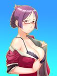  bare_shoulders black_bra blue_background blush bra braid breasts cleavage folded_ponytail glasses grey_background large_breasts off_shoulder open_clothes open_shirt outline purple_hair red-framed_eyewear red_eyes ridget_(suisei_no_gargantia) semi-rimless_eyewear shirt simple_background solo suisei_no_gargantia ueyama_michirou under-rim_eyewear underwear undressing upper_body 