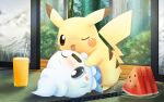  blush commentary_request crying drinking_straw food fruit grass juice licking mountain no_humans one_eye_closed open_mouth orange_juice pemyu pikachu plate pokemon pokemon_(creature) tree vanillite watermelon watermelon_slice 