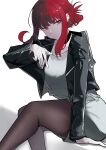  1girl black_jacket black_pantyhose breasts cigarette commentary ear_piercing holding holding_cigarette jacket long_sleeves looking_at_viewer open_mouth pantyhose piercing qh red_eyes red_hair shadow shirt short_hair simple_background smoking solo super_no_ura_de_yani_suu_futari tayama_(super_no_ura_de_yani_suu_futari) white_background 