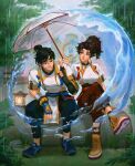  1boy 1girl anran_(overwatch) arm_warmers black_arm_warmers black_hair blue_shoes brother_and_sister friedsaturn holding holding_umbrella hydrokinesis overwatch pants ponytail red_pants shirt shoes siblings sitting umbrella water white_shirt wuyang_(overwatch) yellow_shoes 