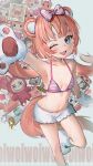  1girl :d ;d absurdres animal_ears animal_hands arm_up armpits bikini bikini_top_only blue_eyes blush bow breasts cawfy character_doll chromu collarbone doll fang gloves hair_bow highres indie_virtual_youtuber labubu leg_up long_hair looking_at_viewer low_twintails navel one_eye_closed open_mouth paw_gloves paw_shoes photo_(object) pink_bow pink_hair short_shorts shorts small_breasts smile solo standing standing_on_one_leg stomach striped_bikini striped_bow striped_clothes sweat swimsuit tail twintails virtual_youtuber white_gloves white_shorts 