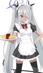  1girl absurdres apron black_dress black_gloves black_ribbon black_thighhighs blue_archive blush breasts cleavage commentary dark-skinned_female dark_skin demon_tail dress enmaided feet_out_of_frame food frilled_apron frilled_dress frills gloves grey_hair hair_over_one_eye hair_ribbon half_gloves halo hand_on_own_hip highres holding holding_tray iori_(blue_archive) long_hair maid nervous_smile nose_blush omelet omurice plate pleated_dress puffy_short_sleeves puffy_sleeves red_eyes ribbon ryoji_minato short_sleeves simple_background single_glove small_breasts smile solo standing sweat tail thighhighs tray twintails very_long_hair white_apron white_background 