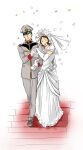  1boy 1girl bride bright_noa brown_hair closed_eyes commentary_request confetti dress earth_federation elbow_gloves gloves green_hair grey_jacket grey_pants gundam hat holding_another's_arm holding_hands jacket military_hat military_rank_insignia military_uniform mirai_yashima mobile_suit_gundam open_mouth pants peaked_cap raider_(gundam_0123) science_fiction shaded_face stairs walking wedding_dress white_background white_dress white_gloves 