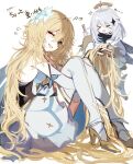  >_< 2girls absurdly_long_hair alternate_hair_length_(longer) alternate_hairstyle blonde_hair comb commentary_request detached_sleeves dress flower from_side genshin_impact hair_flower hair_ornament high_heels highres knees_to_chest long_hair lumine_(genshin_impact) magnet_8_8 multiple_girls one_eye_closed open_mouth paimon_(genshin_impact) sitting thighhighs very_long_hair white_dress white_hair white_thighhighs yellow_eyes 