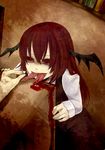  ahegao bad_id bad_pixiv_id bat_wings blood book fingernails guro head_wings koakuma library long_hair multiple_tongues nail pin red_eyes red_hair table tmk_(tmk92) torture touhou wings 