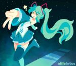 1girl aqua_eyes aqua_hair aqua_nails aqua_necktie black_sleeves commentary detached_sleeves ellie_lotus english_commentary hatsune_miku highres long_hair necktie no_lineart number_tattoo shirt sleeveless sleeveless_shirt solo tattoo twintails v very_long_hair vocaloid white_shirt 