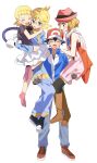  2boys 2girls ash_ketchum baseball_cap blue_eyes blue_jumpsuit bonnie_(pokemon) c0im0i carrying carrying_person clemont_(pokemon) commentary_request hat highres jumpsuit multiple_boys multiple_girls on_shoulder pokemon pokemon_(anime) pokemon_the_series:_xy red_hat serena_(pokemon) sleeveless sleeveless_jacket 