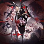  2girls absurdres arcaea bare_shoulders bib_collar black_boots black_bow black_eyes black_hair black_jacket black_ribbon black_thighhighs blonde_hair boots bow bow_flower chest_ribbon collared_dress commentary different_zoom_layer draaaaaaalch dress flower frilled_wrist_cuffs frills gloved_sleeves gloves hair_bow hair_flower hair_ornament hair_ribbon heterochromia highres jacket jacket_partially_removed long_hair long_sleeves maya_(arcaea) multicolored_hair multicolored_jacket multiple_girls necktie off_shoulder pelvic_curtain red_eyes red_wrist_cuffs ribbon rotational_symmetry sparkle thigh_boots thighhighs two-tone_hair two-tone_jacket vita_(arcaea) vita_(wanderer)_(arcaea) white_dress white_eyes white_gloves white_hair white_jacket white_necktie white_ribbon white_thighhighs wide_sleeves wrist_cuffs x_hair_ornament zoom_layer 