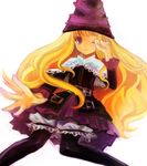  bad_id bad_pixiv_id black_legwear blonde_hair capelet grimgrimoire hat hinata_(waterdrop) lillet_blan long_hair one_eye_closed outstretched_arm outstretched_hand pantyhose purple_eyes rubbing_eyes simple_background solo very_long_hair white_background wizard_hat 