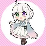  1girl :d ahoge apron blue_kimono blunt_bangs blush boots braid braided_base bright_pupils brown_boots bun_with_braided_base chibi chibi_only commentary_request double_bun frilled_apron frilled_sleeves frills full_body gradient_clothes gradient_kimono green_eyes hair_bun hand_up heterochromia japanese_clothes kimono lace-up_boots long_sleeves nise_dorothia open_mouth original pink_kimono purple_eyes short_hair sidelocks smile solo standing thick_eyebrows white_apron white_hair white_pupils wide_sleeves 