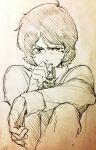  1boy absurdres aeug biting biting_own_finger commentary_request gundam highres kamille_bidan military_uniform monochrome oliolio portrait science_fiction sepia sitting sketch worried zeta_gundam 
