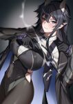  1girl black_gloves black_hair black_pantyhose blue_eyes breasts closed_mouth clothing_request commentary_request commission covered_navel cowboy_shot deras dutch_angle english_commentary gloves gun hair_between_eyes hands_up highres holding holding_gun holding_weapon horns large_breasts leotard long_hair long_sidelocks long_sleeves looking_at_viewer mixed-language_commentary original pantyhose pointy_ears sidelocks solo very_long_hair vgen_commission weapon weapon_request 