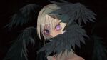  1boy absurdres androgynous bishounen black_background black_feathers black_wings collarbone commentary covered_mouth covering_own_mouth eyelashes feathered_wings feathers hair_between_eyes head_wings highres looking_at_viewer male_focus medium_hair multicolored_hair multiple_wings nemesiss_shido original portrait purple_eyes purple_streaks solo streaked_hair white_hair wings 