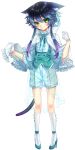  1boy animal_ear_fluff animal_ears aqua_choker aqua_ribbon aqua_shoes aqua_vest artist_name blue_hair blue_shirt blue_shorts blue_tail buttons capelet cat_boy cat_ears cat_tail center_frills chain choker closed_mouth colored_eyelashes commentary commission double-breasted double-parted_bangs english_commentary eyes_visible_through_hair frilled_capelet frilled_shirt frilled_sleeves frills frown full_body gloves gradient_hair green_eyes hair_between_eyes hands_up high-waist_skirt high_heels highres kneehighs male_focus medium_skirt multicolored_hair purple_hair ribbon ribbon_choker ryoune_yami see-through_clothes see-through_skirt shirt shoes short_hair_with_long_locks shorts simple_background skirt socks solo standing tail three-quarter_sleeves transparent_background two-tone_hair utau vest white_capelet white_gloves white_socks yamicchi 