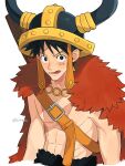  1boy abs black_hair cape cross_scar fake_horns fur_cape helmet horned_helmet horns looking_at_viewer male_focus monkey_d._luffy official_alternate_costume one_piece red_cape scar scar_on_cheek scar_on_chest scar_on_face short_hair si44ss solo tongue tongue_out twitter_username upper_body white_background 